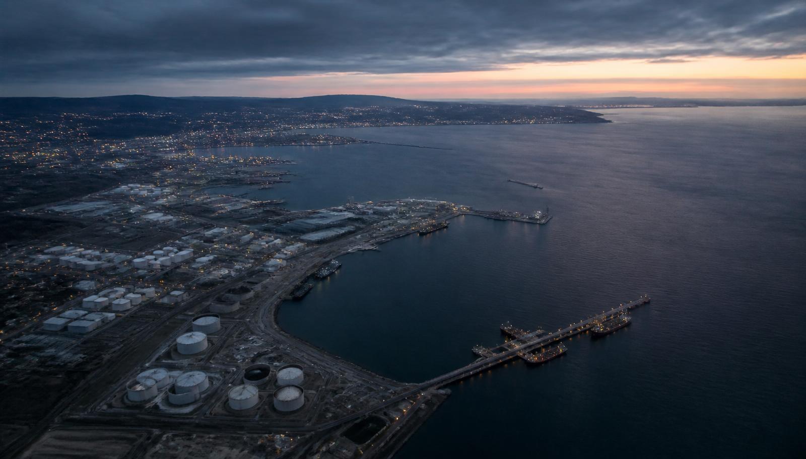 Aerial view of a working coastline at dusk.
