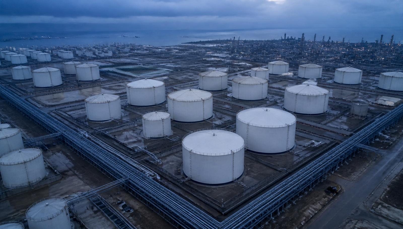 Aerial view of an industrial terminal at dusk.